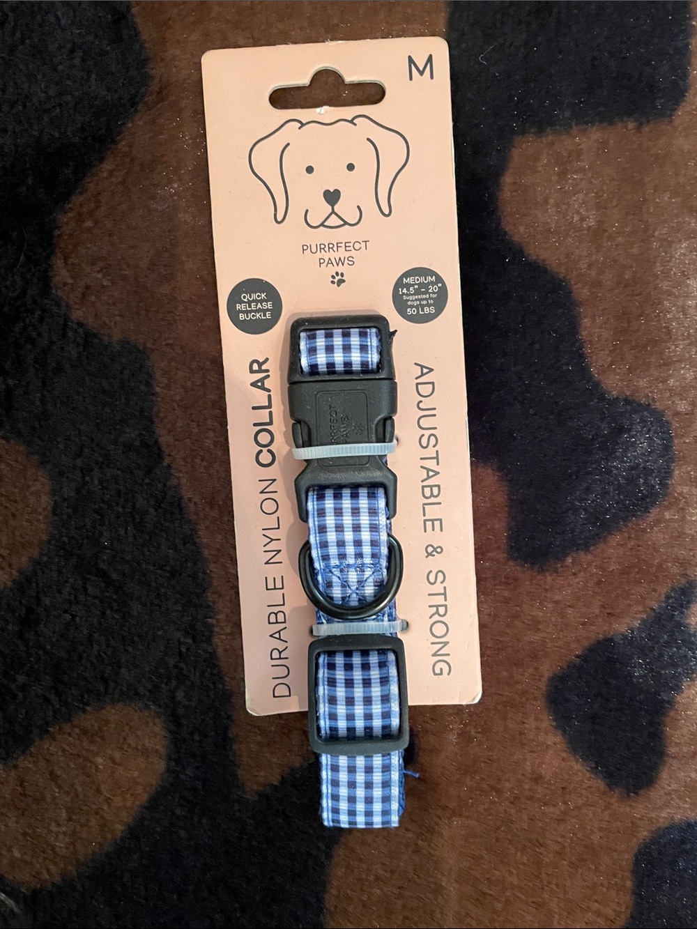 “Purrfect Paws” Blue Gingham Adjustable Nylon Dog Collar - Medium!